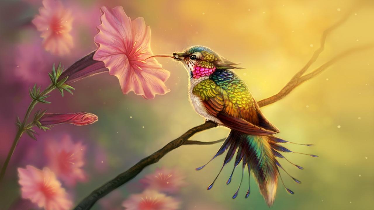Cute Humming Bird And Pink Flowers